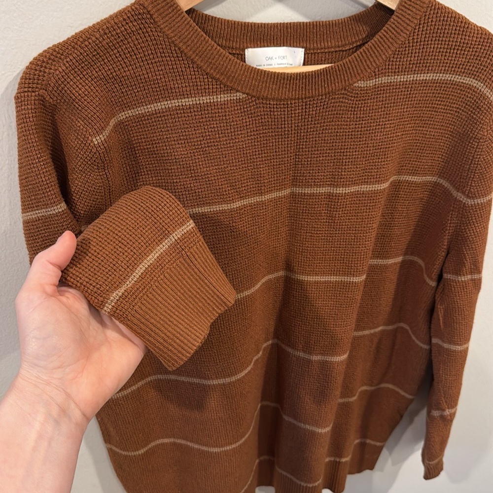 OAK + FORT Women’s Tan Brown Striped Crewneck Knit Sweater Size L - Picture 3 of 4